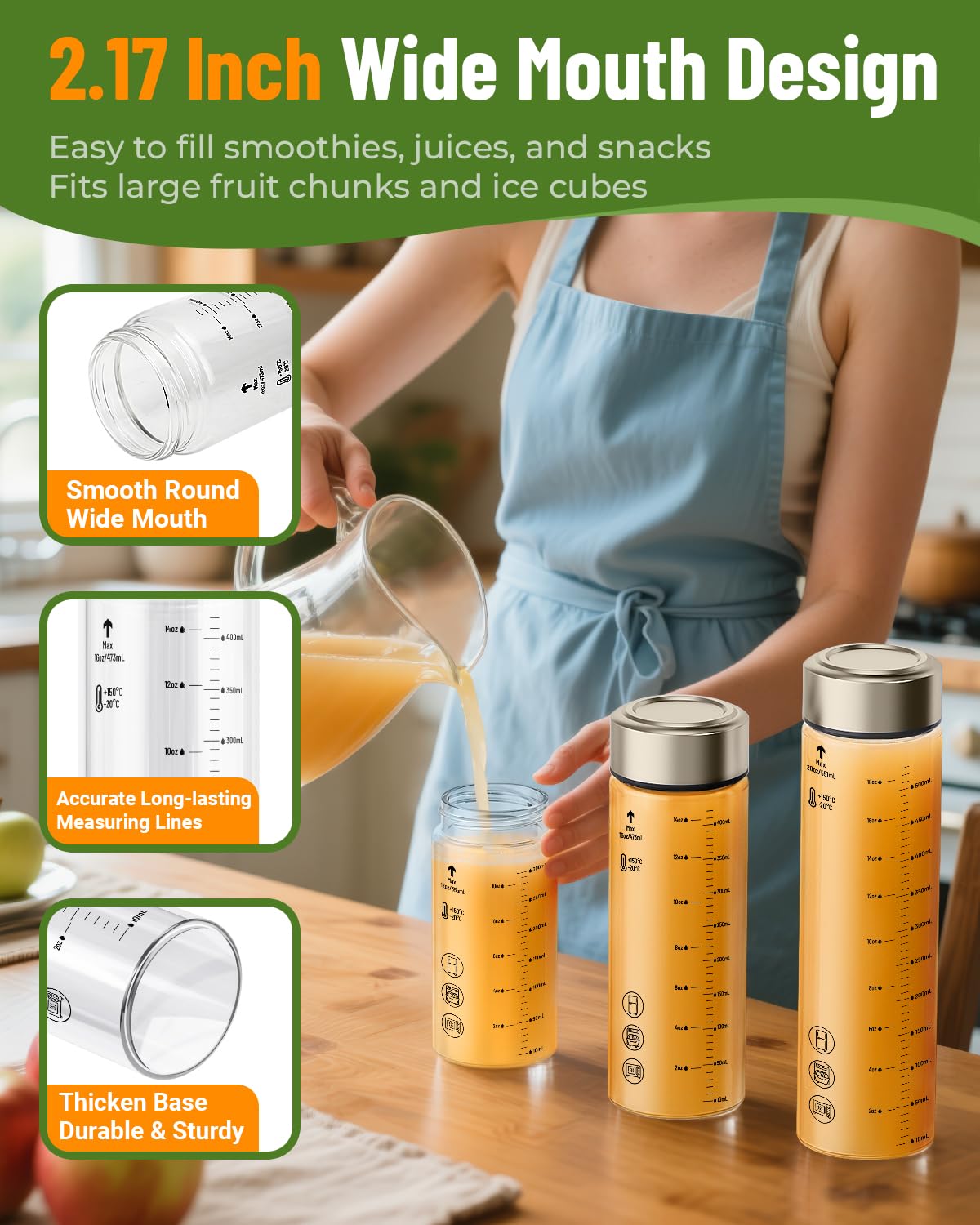 Zukro 16 oz Borosilicate Glass Water Bottles with Stainless Steel Lids and Measurement| Reusable Leakproof Drinking Bottles for Juicing, Smoothie, Protein| 4 Pack Wide Mouth BPA-Free Juice Container