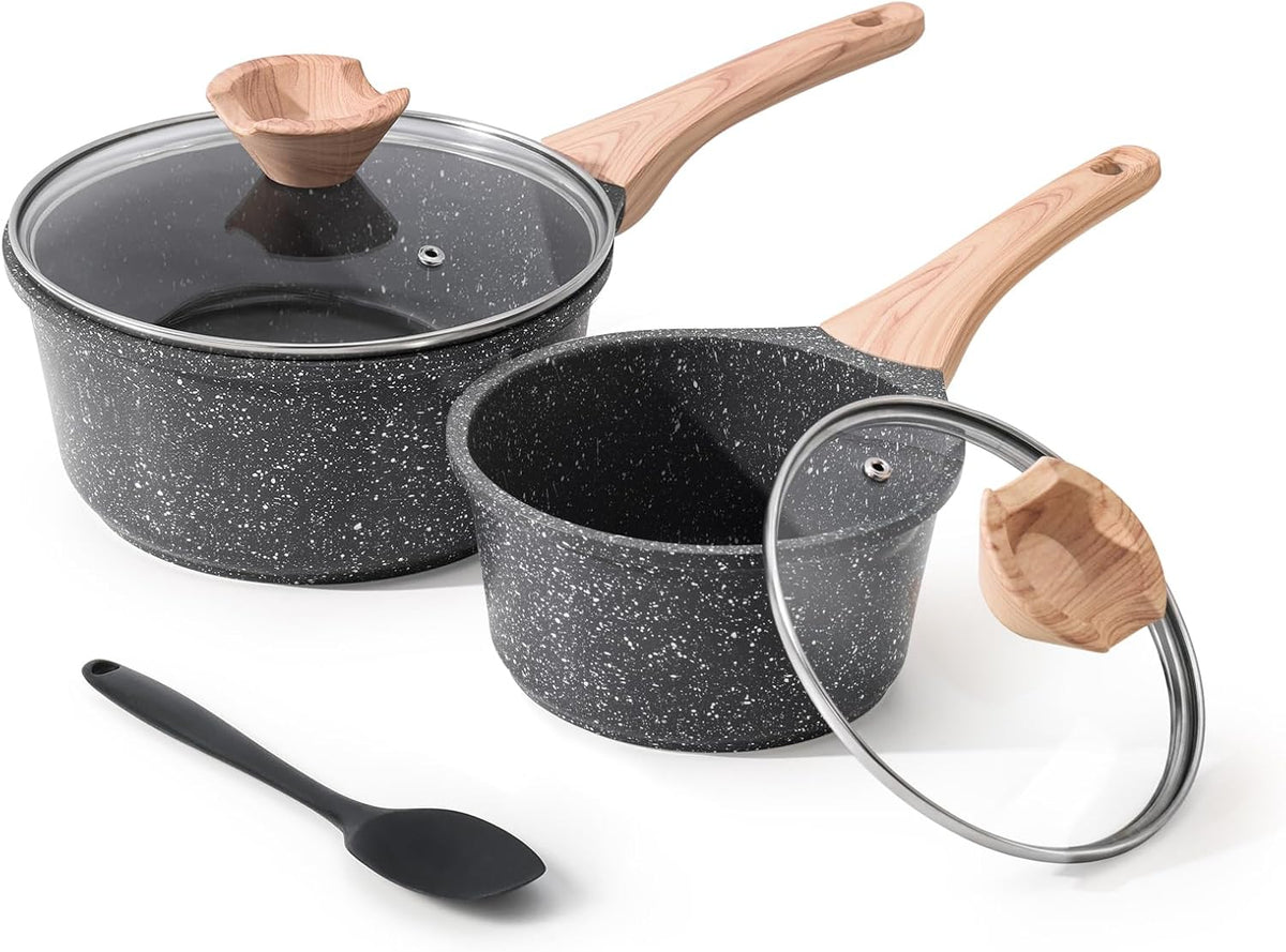 Sauce Pan Set with Lid, 1.5QT & 2.5QT Non Stick Small Pots with Granite Coating, Saucepan with Pour Spout, Multipurpose Induction Cooking Pans, PFOA/PFOS Free