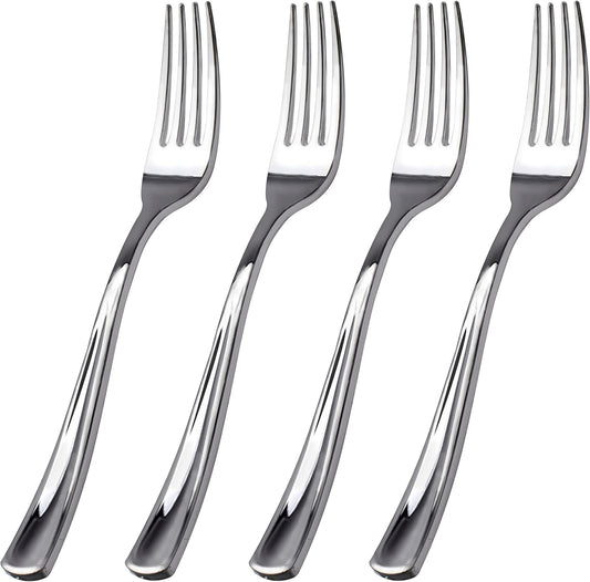WDF 100 Piece Silver Plastic Forks - 7.4inch Silver Forks Disposable - Plastic Silverware for Dessert Cake - Heavy Duty Plastic Cutlery for Party or Daily Using