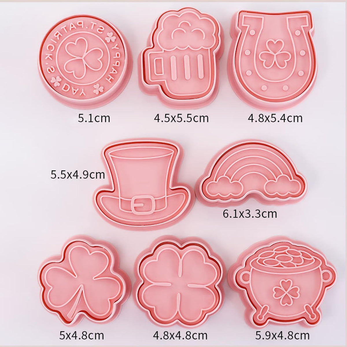 St. Patrick's Day Cookie Cutters, 8Pcs 3D Plastic Cookie Molds Cartoon Shamrock Four Leaf Clover Horseshoe Biscuit Cutters for Irish Holiday Party Baking Cutting Tool (D8)