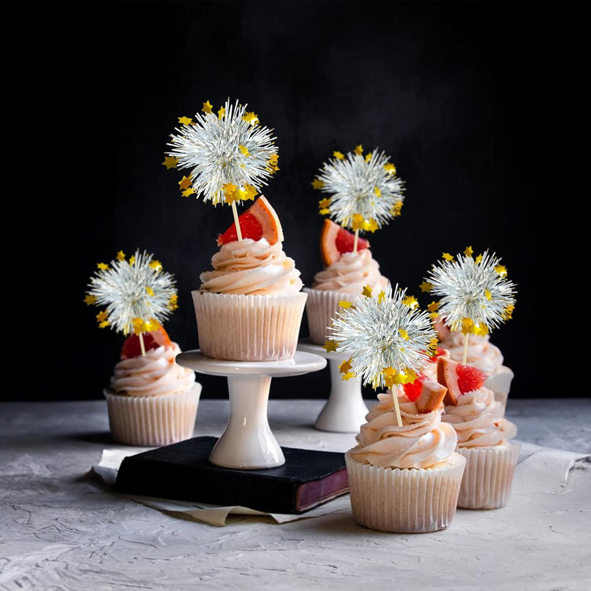 Ephlyn 30Pcs Foil Firework Cupcake Toppers Sparkle Tinsel Cupcake Picks Happy Birthday Cake Decorations Drink Stirrers Cocktail Food Fruit Toothpicks for Baby Shower Graduation Party Supplies Silver