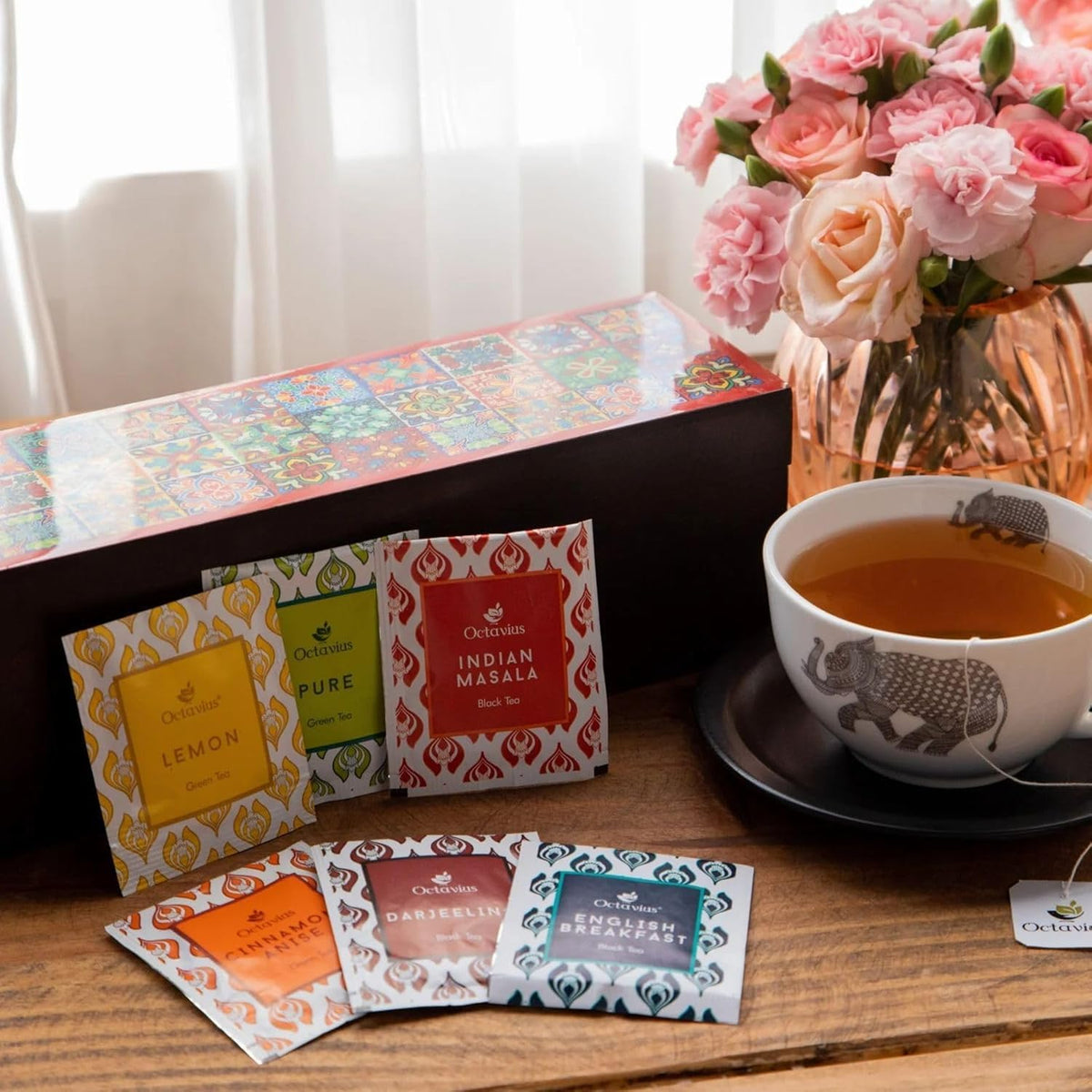 Octavius - Assorted Tea Variety Pack in Tile Motif Design Wooden Box | 6 Flavors, 60 Tea Bags | Black & Green Tea | Tea Gifts for Women & Men