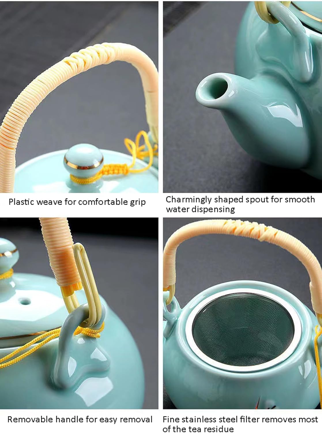 KEYDUACU Japanese Tea Set, Kiln-Formed Ceramic TeaSet, Plum Blossom Embossed, Includes 1 Teapot, 6 Teacups,Tea Tray,Strainer, Used for home, outdoor, gift, Chinese Kung Fu Tea Sets(FDMH-CYAN-MU)