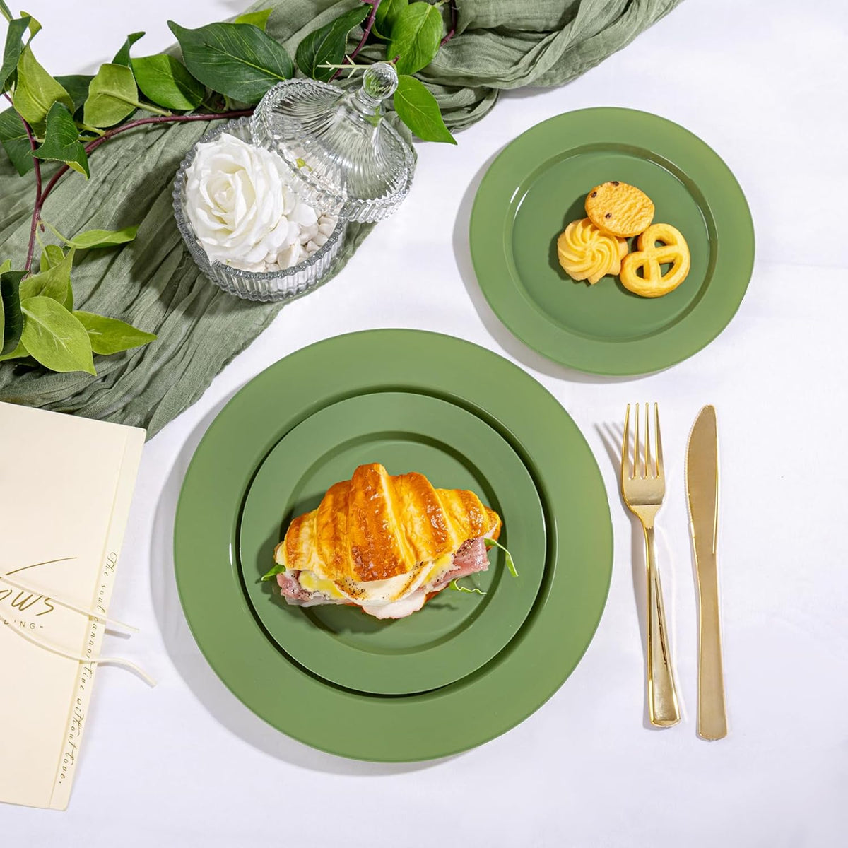 I00000 200 Pcs Green Plastic Plates, Green Disposable Plates Include 100 Dinner Plate 10’’ and 100 Dessert Plate 7’’ Perfect for Birthday, Party & Wedding