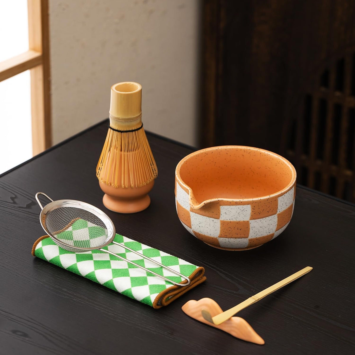 Premium 7-Piece Matcha Tea Set – Traditional Japanese Style with Elegant Grid Pattern, Includes Bamboo Whisk, Ceramic Bowl, Scoop & More – Perfect for Matcha Lovers & Tea Ceremony (Orange grid)