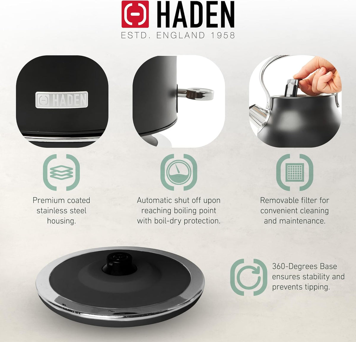 HADEN Heritage 1.7 Liter Stainless Steel Electric Kettle, Hot Water Kettle with 360-Degree Base and Auto Shutoff, Black & Chrome