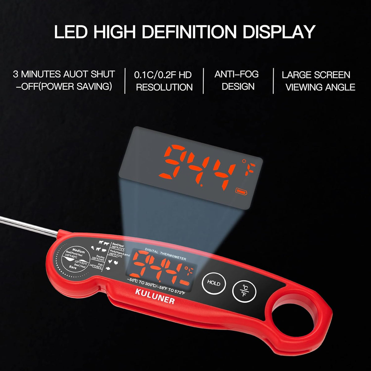 KULUNER 1-Second Rapid and Accurate Meat Thermometer - Waterproof Multifunctional Kitchen Food Thermometer, Ideal for Frying, Smoking, Grilling and More(Red)