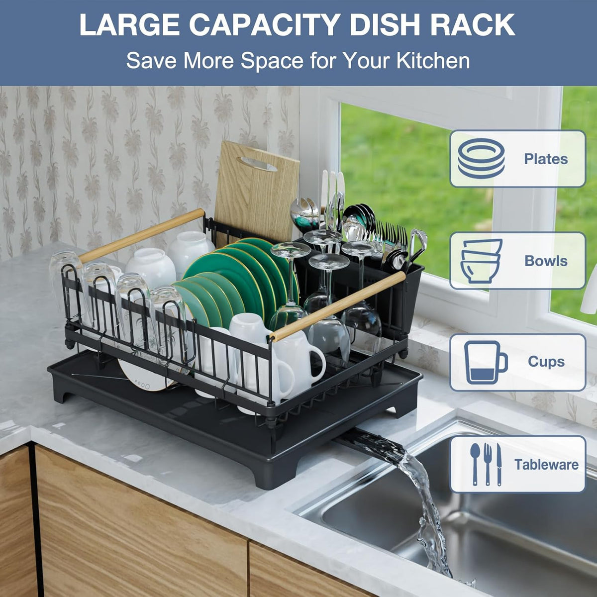 Dish Drying Rack with Drainboard, Rustproof Dish Rack for Kitchen Counter, Large-Capacity Dish Drainer with Cutlery Holder, Sturdy Kitchen Organizer for Dishes, Spoons and Forks