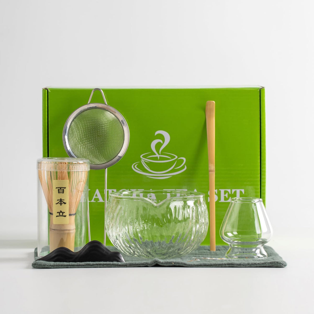 Japanese Tea Set (7pcs) Matcha Whisk Set Matcha Bowl with Pouring Spout Bamboo Matcha Whisk (chasen) Scoop (chashaku) Matcha Whisk Holder Tea Making Kit. WHITE GLASS