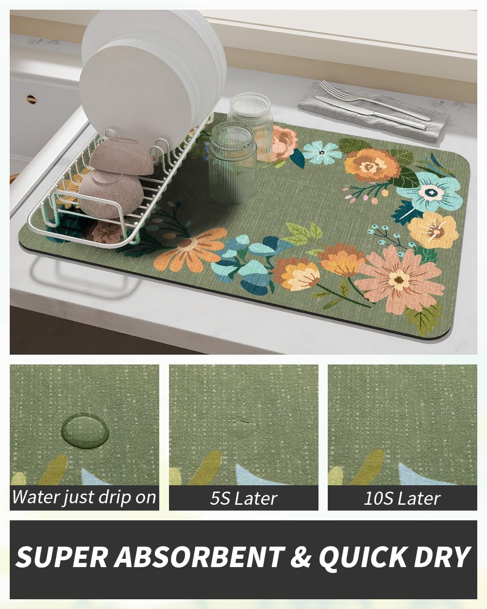 AMOAMI Coffee Mat Hide Stain Rubber Backed Absorbent Dish Drying Mat for Kitchen Counter - Fits Under Coffee Maker - Floral GREEN 12X19