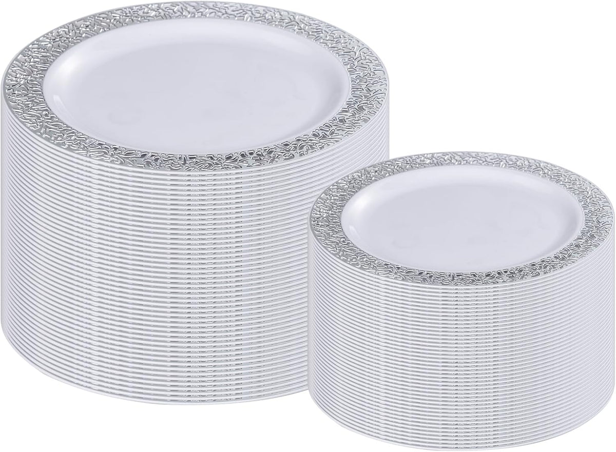 I00000 200 Pieces Silver Plastic Plates, Disposable Plastic Plates for 100 Guests Include: 100 Pcs Dinner Plate 10.25” and 100 Pcs Dessert Plate 7.5” with Silver Lace Rim Perfect for Wedding & Party