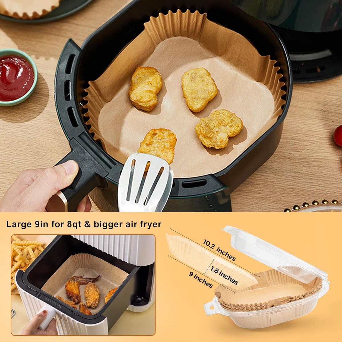 Disposable Air Fryer Paper Liners: 100Pcs 9 In Large Square Non Stick Parchment, Air Fryer Basket Liner for 8Qt - 12Qt Airfryer