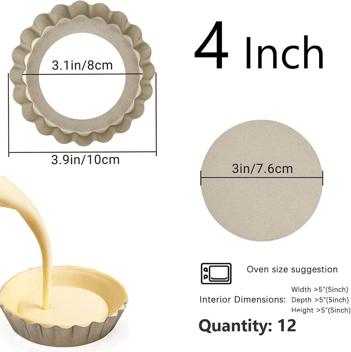 Mini Tart Pan 12PCS, 4 Inch Tart Pan Removable Bottom Non-Stick Tin, 0.9 Inches High Suitable for DIY Making Small Tarts at Home. Champagne Gold Appearance.