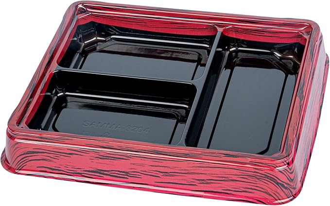 Restaurantware-Bento Tek 16.1 Ounce Meal Prep Containers, 100 Disposable To Go Food Boxes - Lids Sold Separately, 3 Compartments, Red And Black Plastic Bento Lunch Boxes, Freezable, For Take Out