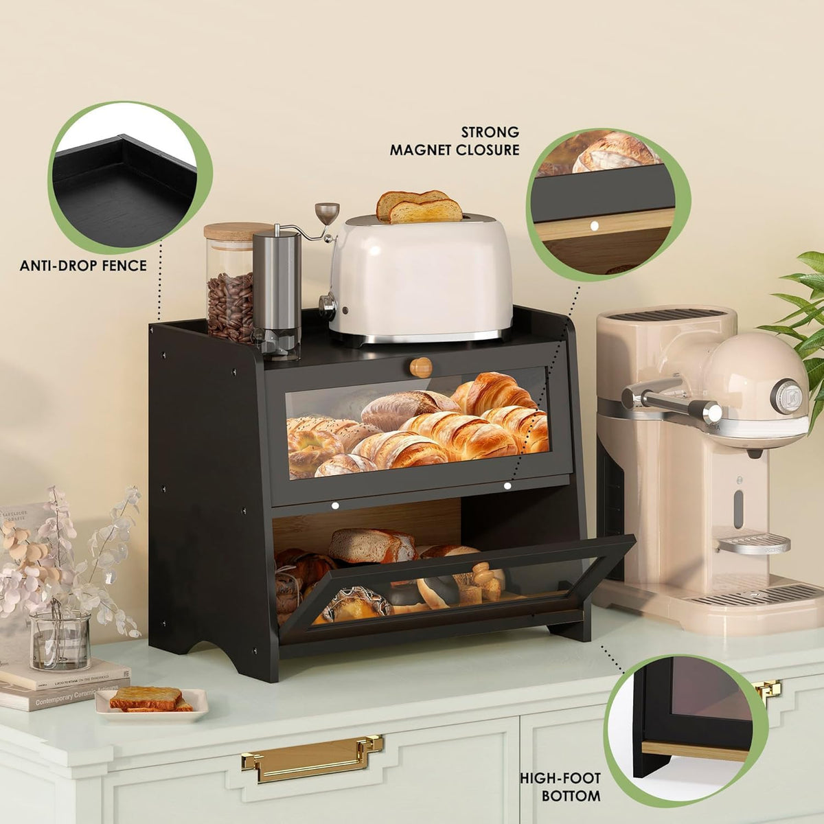 Double Layer Bread Box for Kitchen Countertop, Large Breadbox Bread with Windows, Wooden Farmhouse Bread Holder (Black)