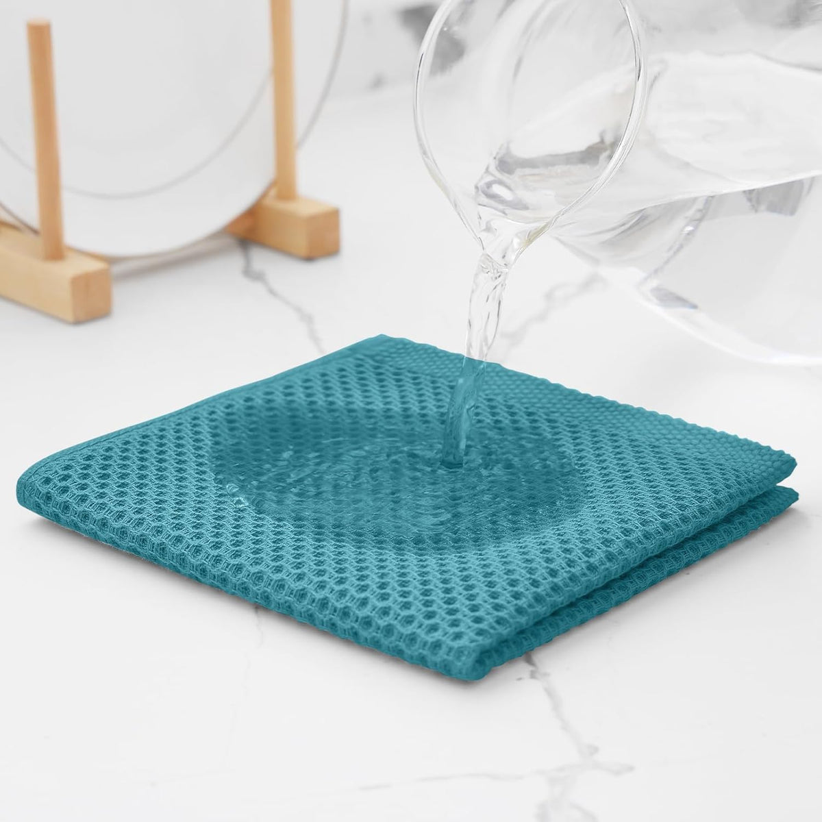 Kitinjoy 100% Cotton Kitchen Dish Cloths (12 X 12 Inches, Lake Blue),6 Pack Waffle Weave Ultra Soft Absorbent Dish Towels for Drying Dishes Quick Drying Kitchen Towels Dish Rags