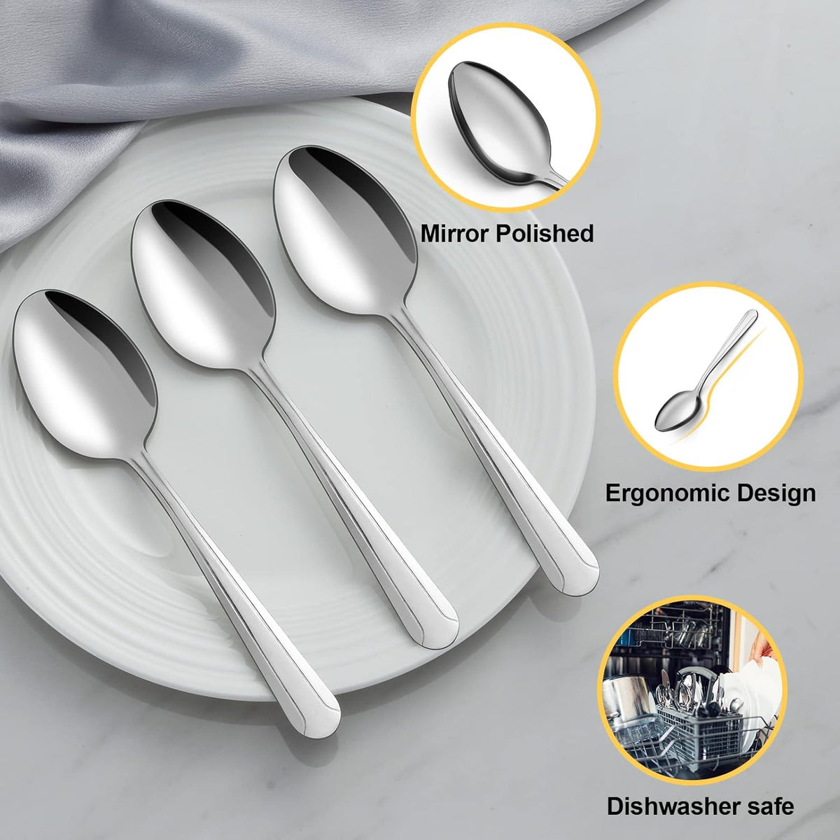 BEWOS 24 Pieces Spoons Set, 7.5 Inchs Spoons Silverware, Stainless Steel Spoons, Dinner Spoons, Mirror Polished Tablespoons, Dishwasher Safe, Silver Spoons for Home, Restaurant
