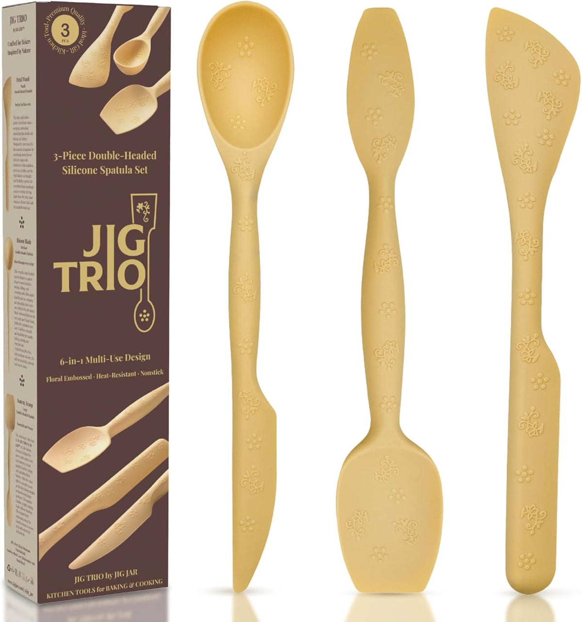 JIG TRIO 3 Piece Double Headed Silicone Spatula Set – Yellow – Heat Resistant Kitchen Tools for Baking, Mixing & Cooking – BPA Free, Dishwasher Safe, Gift Ready