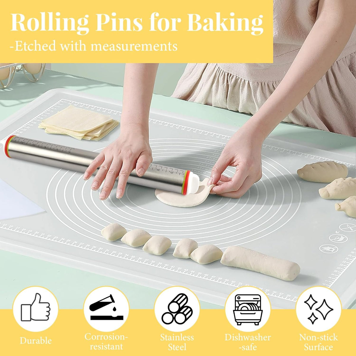 Adjustable Rolling Pin with 4 Thickness Rings for Baking, 17” Stainless Steel Dough Roller with Clear Measurement Markings for Pizza, Fondant, Pie, Cookies, Baking Supplies, Pastry, Pasta
