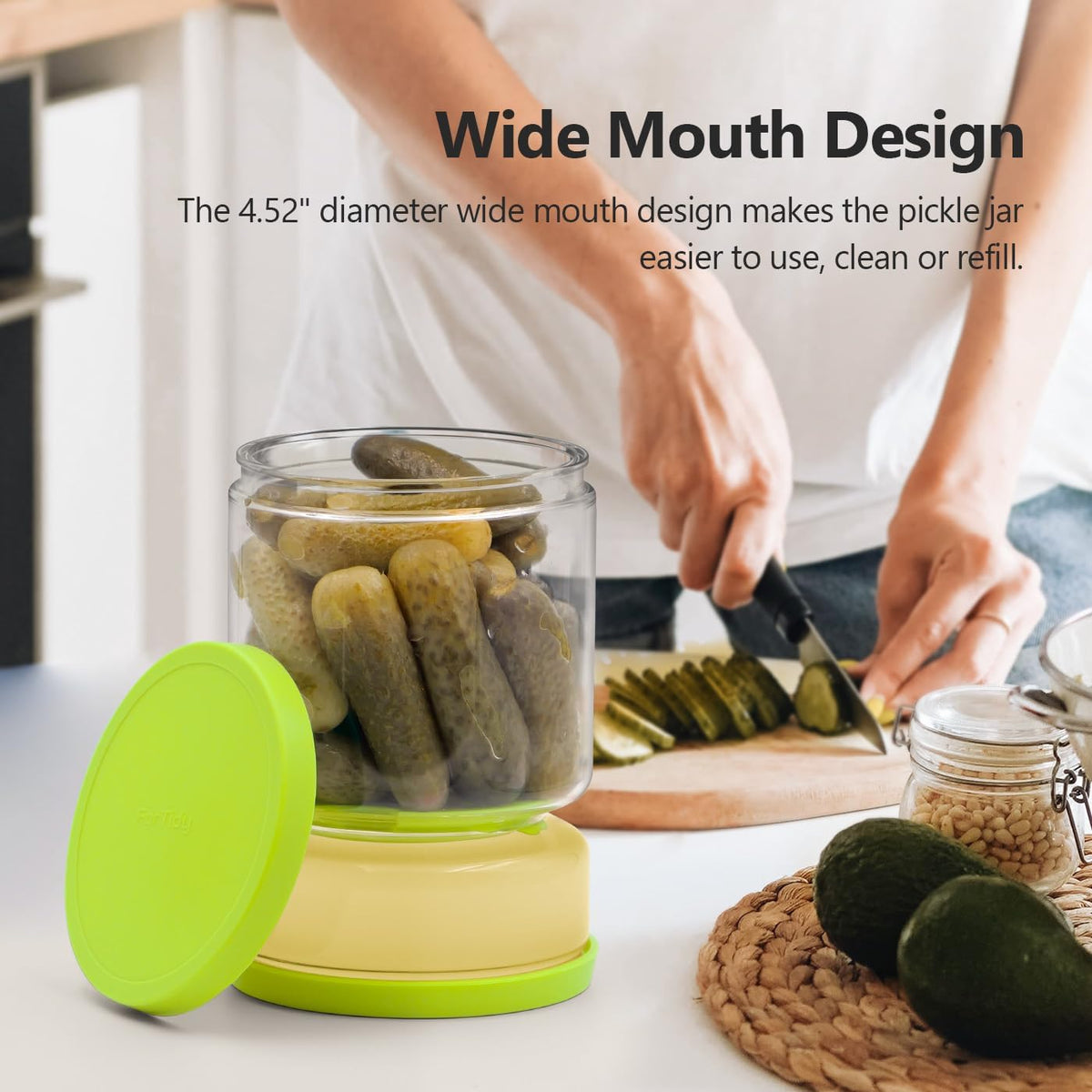 Glass Pickle and Olive Container - 50 OZ Airtight Jar with Strainer for Pickle Lover, Kitchen Organization Must-Have Versatile Food Keeper, BPA Free, Dishwasher Safe (Green Yellow)