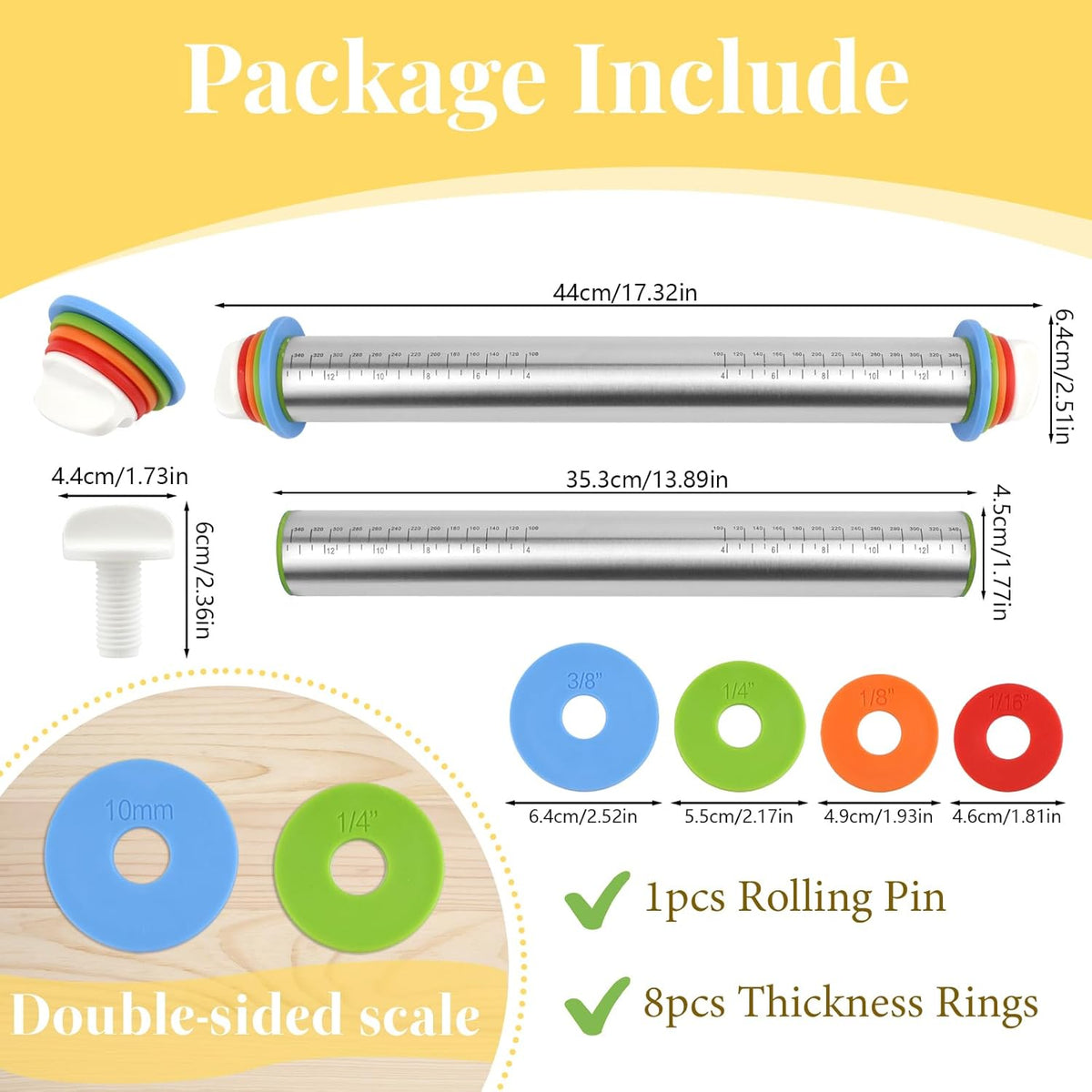 Adjustable Rolling Pin with 4 Thickness Rings for Baking, 17” Stainless Steel Dough Roller with Clear Measurement Markings for Pizza, Fondant, Pie, Cookies, Baking Supplies, Pastry, Pasta