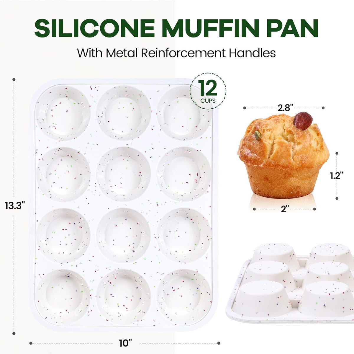 Muffin Pan - 12 Cups Silicone Muffin Pan Non-Stick Food Grade Silicone Cupcake Pan for Muffins,Tart, BPA Free - Standard Cup Size - Diameter 2.8" Depth 1.2" - 1 Piece Cream with Rainbow Dots