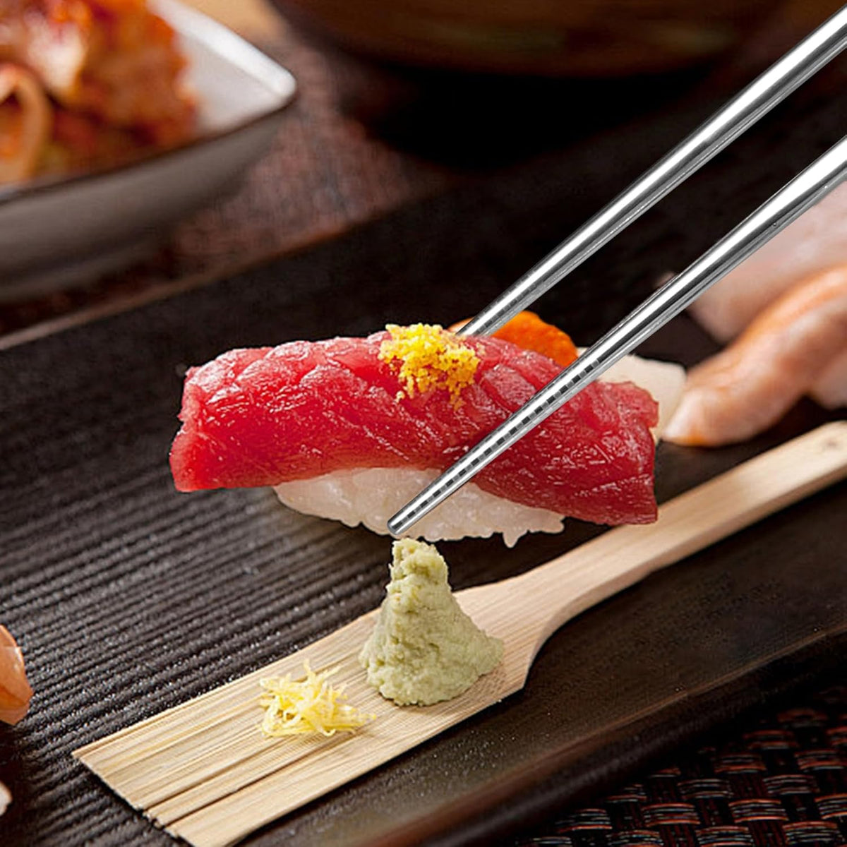Metal Chopsticks, 5 Pairs 316L Stainless Steel Chopstick，Non-Slip Sushi Chop sticks with Laser Engraving, Reusable Chopsticks for Japanese Cuisine (9.25 Inch)