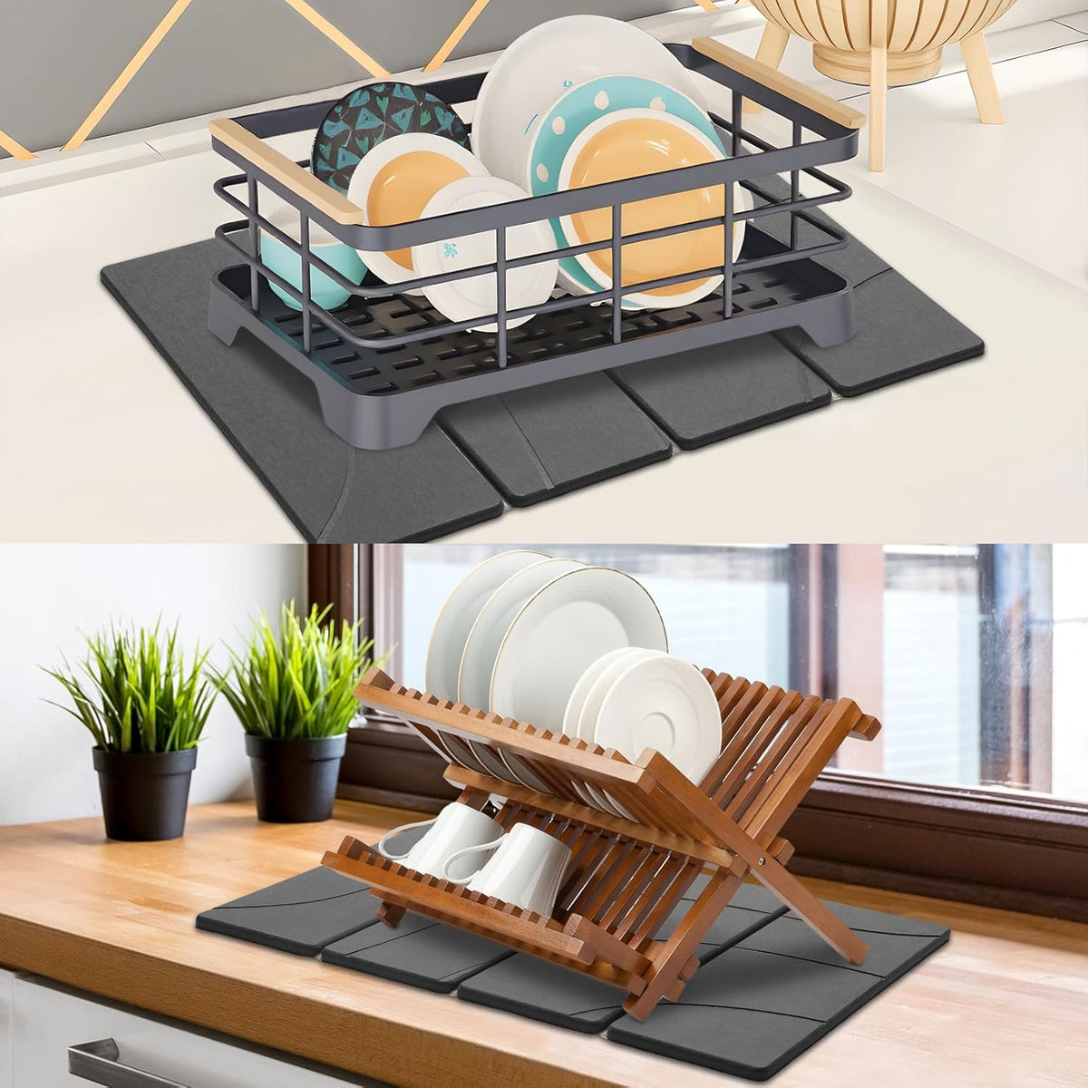 2 PCS Large Stone Dish Drying Mat for Kitchen Counter Quick Dry Stone Dishes Mats Marbled Water Absorbing Diatomaceous Earth Drying Pad for Countertop Bottles Utensils Cups (Carved Gray 24"x16"&8"x4")