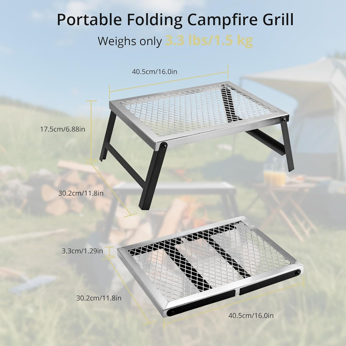 Folding Campfire Grill, 16" x 12" Heavy Duty Steel Mesh Grate Chrome Finish with Folding Legs, Portable Campfire Cooking Equipment, for Camping Outdoor BBQ Cooking Open Fire, Silver