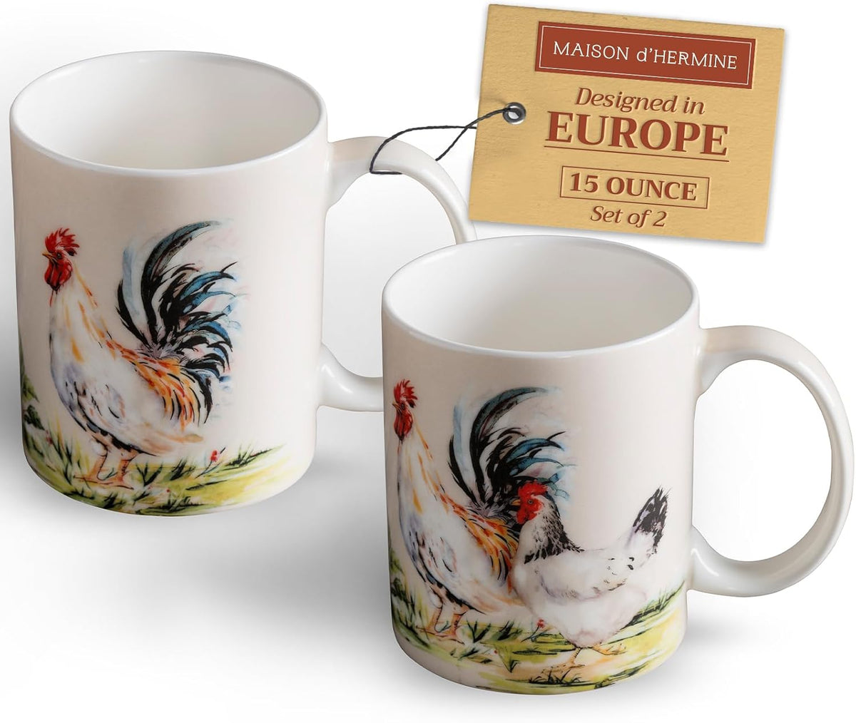 Maison d' Hermine Coffee Mug with Handles Fine Bone China Mugs Pack of Two Tea Cups for Hot Beverages Cappuccino Latte Home Restaurant Office Perfect for Gift (Campagne, 15 Ounce)