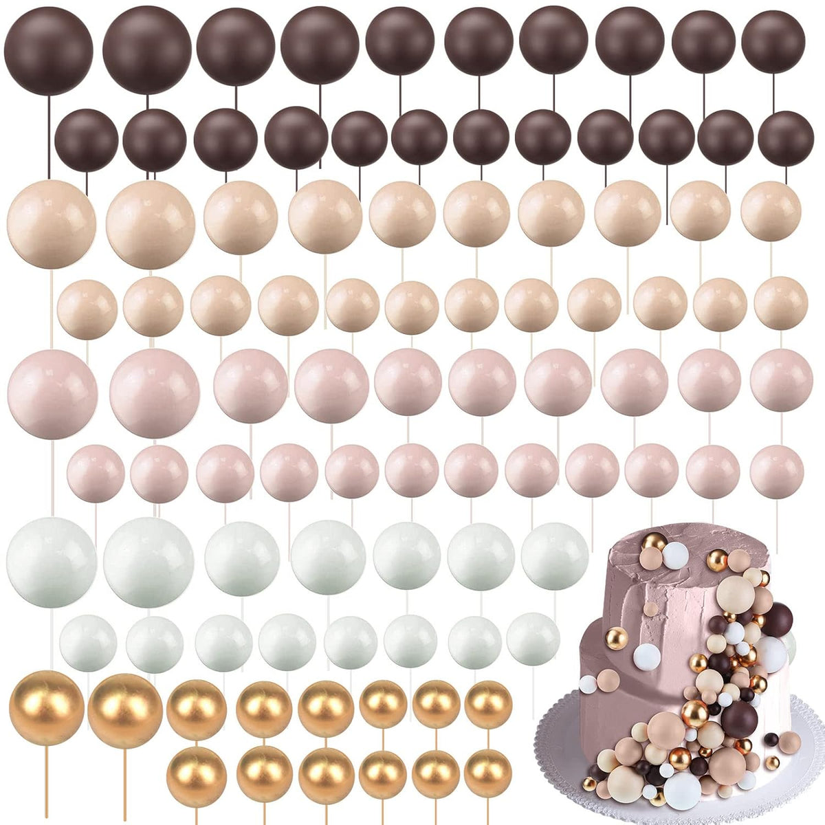 108 Pcs Balls Cake Topper DIY Cupcake Insert Foam Balloons for Cake Baking Wedding Anniversary Birthday Decoration(Brown Series,Multi Sizes)
