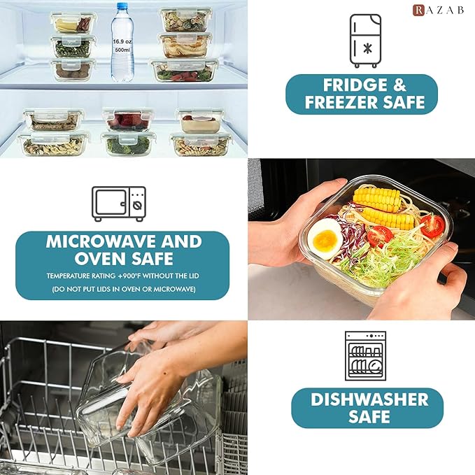 Razab 24 Pc Airtight Glass Food Storage Containers - Glass Meal Prep Containers - Freezer to Oven Safe - Steam Release Valve BPA Free - Airtight Bento Boxes - Leak Proof (12 lids & 12 Containers)