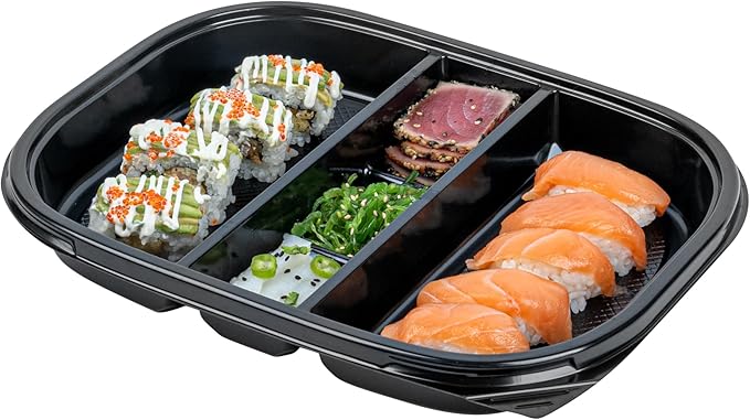Restaurantware-Bento Tek 50.7 Ounce Meal Prep Containers, 100 Disposable To Go Food Boxes - Lids Sold Separately, 5 Compartments, Black Plastic Bento Lunch Boxes, Freezable, For Take Out