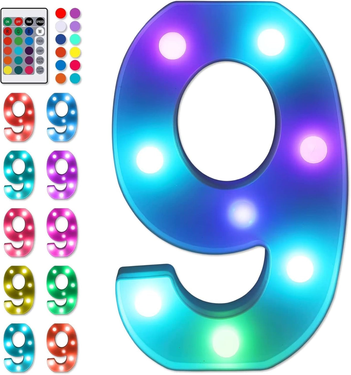 Foaky Colorful LED Number Lights with Remote, Marquee Light Up Number Sign for Night Light Wedding/Birthday Party Battery Powered Christmas Lamp Home Bar Decoration (9)