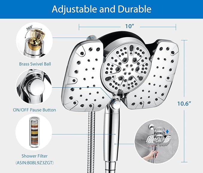 2-in-1 Shower Heads with Handheld Spray Combo: 10” Rainfall Shower Head & Hand Held Shower Head, 9 Spray Settings Detachable Shower Head with ON/OFF Switch and 15-Stage Filter