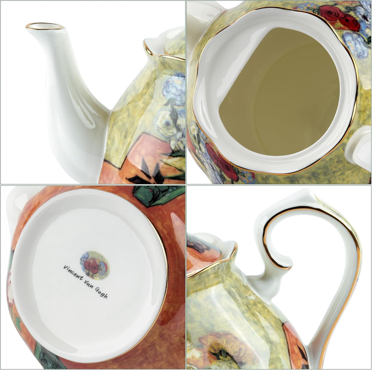 Teapot 30 oz Van Gogh Paintings Bone China Loose Tea Pot Floral Design Vintage Ceramic Coffee Water Pot European Style Porcelain (Flower Vase)