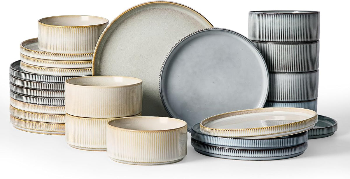 Famiware Star Dinnerware Set, Plates and Bowls Sets for 8 (24pcs), Ribbed Stoneware Dishes - Chip & Scratch Resistant, Microwave & Dishwasher Safe, Multicolor - Cappuccino White & Smoky Blue
