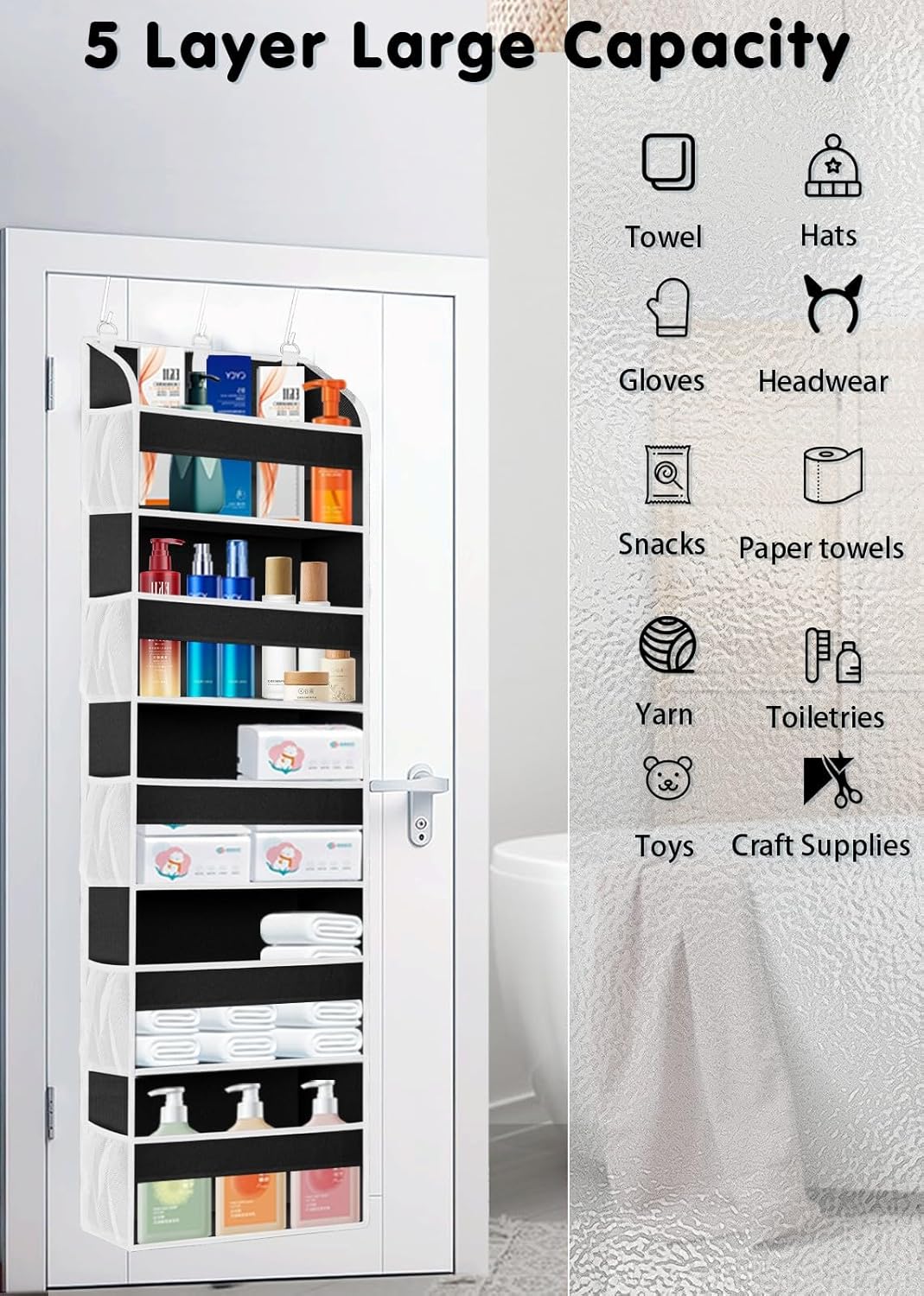 2 Pack Over The Door Storage Organizer with 5 Pockets 10 Mesh Side Pockets, 44 lbs Weight Capacity Door Hanging Organizers and Storage for Bedroom,Bathroom,Nursery,Pantry,Dorm(Black)