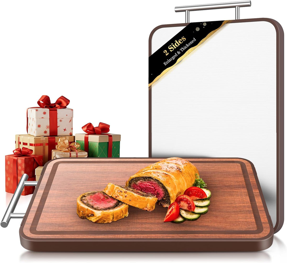 Stainless Steel Cutting Board Wood Double Sided, 2025 Upgraded Ebony Wood Cutting Boards for Kitchen, Charcuterie Board with Juice Groove, Chopping/Board Titanium 16.3''×11''×1''