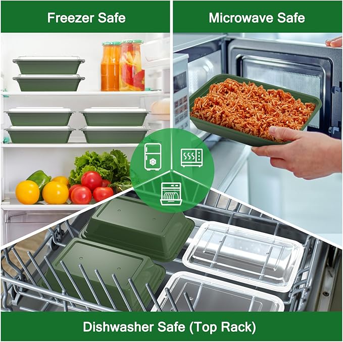 50 Pack (100-Piece) 32 oz Meal Prep Containers Reusable with Easy Open Lids, Sturdy Leakproof Food Safe, Microwave Freezer Dishwasher Safe, To Go Take Out Plastic Food Storage Pans with Lids, Green