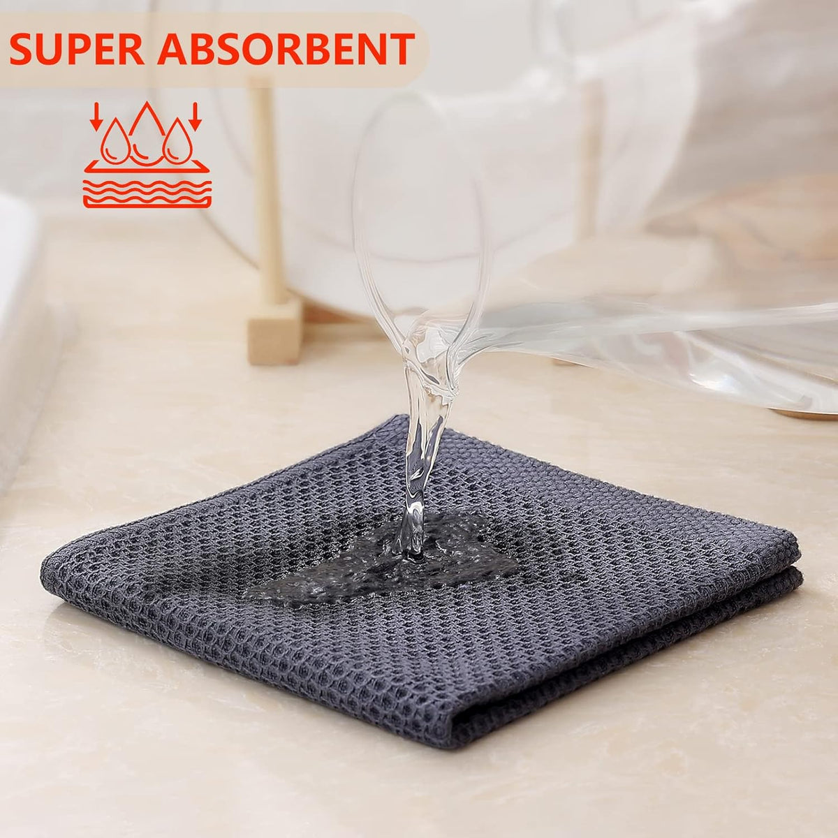 Kitinjoy 100% Cotton Kitchen Dish Cloths, 6 Pack Waffle Weave Ultra Soft Absorbent Dish Towels for Drying Dishes Quick Drying Kitchen Towels Dish Rags, 12 X 12 Inches, Dark Grey