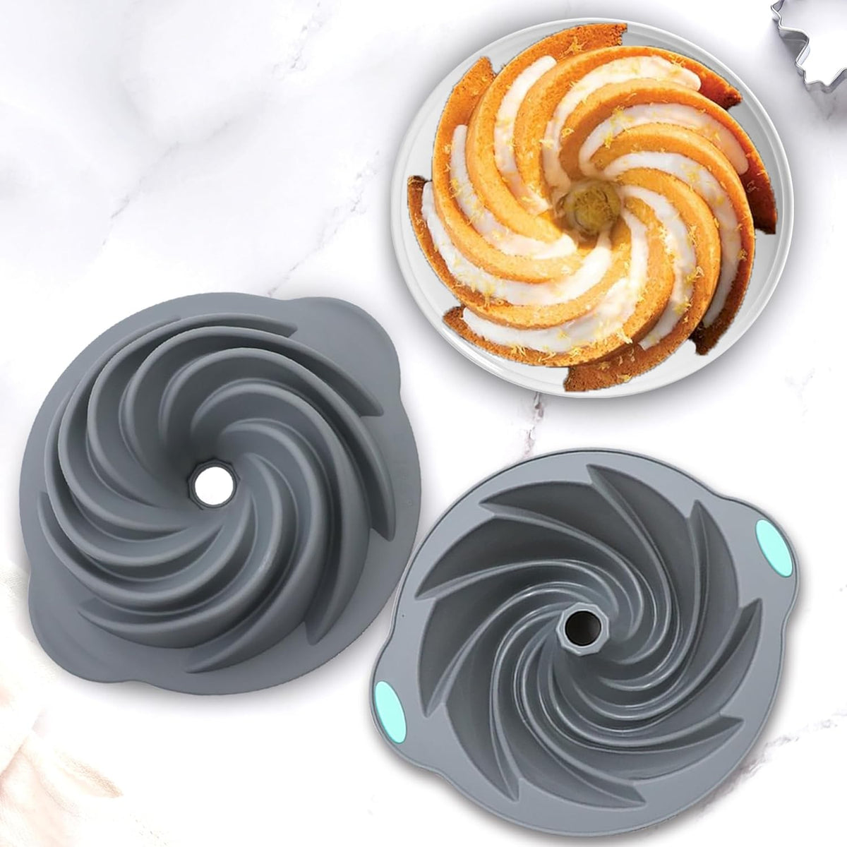 Tongjude 4 Pieces Silicone Fluted Cake Pans, 10/12 Cups Tube Baking Pan, Silicone Molds for Homemade Cake, Bread and Jello, Non-Stick, Grey