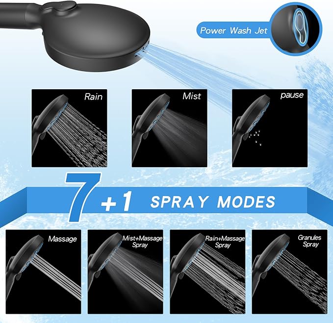 VXV Filtered Shower Head, 8 Modes High Pressure Shower Head with Handheld, 5" Showerhead Built in Power Wash for Clean, Remove Chlorine & Hard Water, with 71" Shower Hose & Shower Bracket(Matte Black)