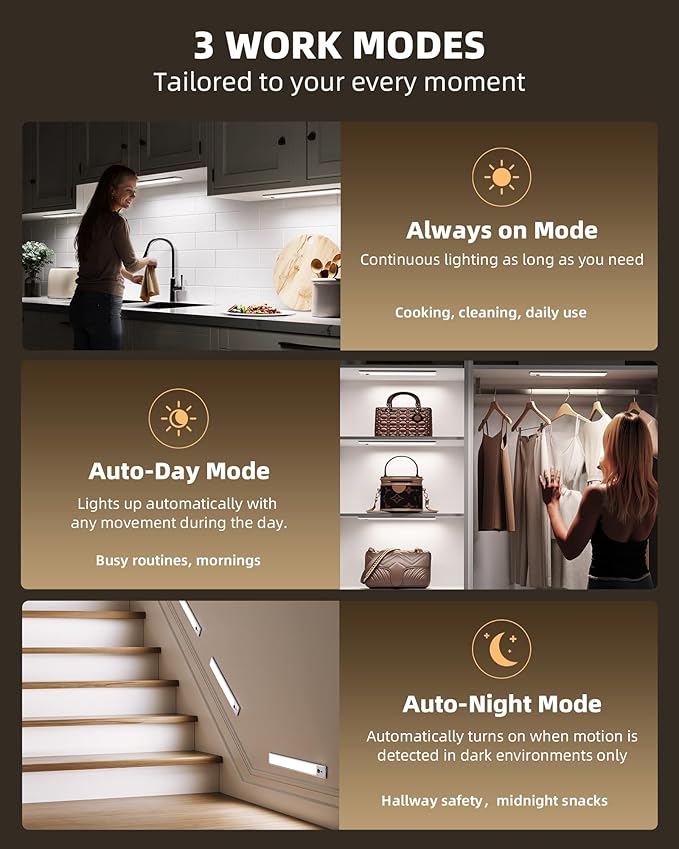 EZVALO 3 Pack Under Cabinet Lighting, Rechargeable Motion Sensor Light, LED Closet Lights Wireless, 5700K Dimmable, Timer, Magnetic, with Remote Control for Kitchen, Closet, Stair