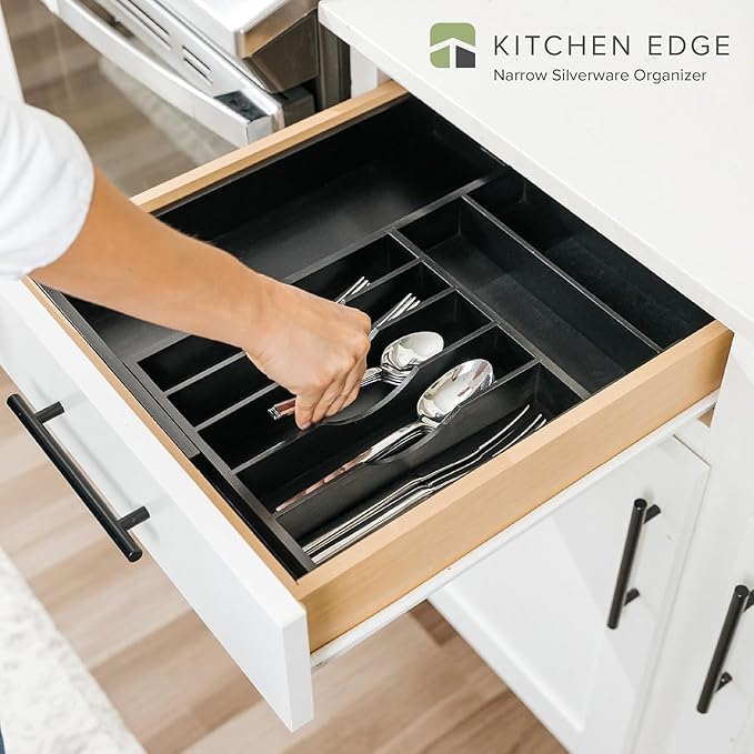Premium Silverware, Flatware and Utensil Organizer for Kitchen Drawers, Food-Safe Contract Grade, Expandable from 10.5 to 19 In, Black Bamboo