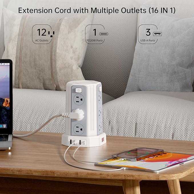 Power Strip Surge Protector, 10 Ft Extension Cord with 12 AC Multiple Outlets 4 USB (1 USB C), SMALLRT Power Tower Desktop Charging Station (White, 10 FT PD20W)