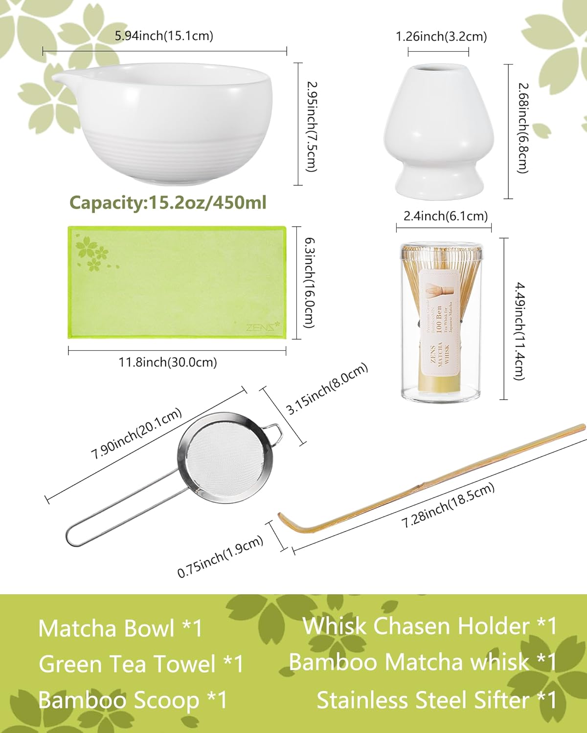 ZENS Matcha Whisk Set, 6pcs Matcha Kit Set Includes Ceramic Bowl and Bamboo Whisk & (Chasen Holder), Sifter, Scoop -Tea Towel, Japanese Chawan with Spout for Lovers, White