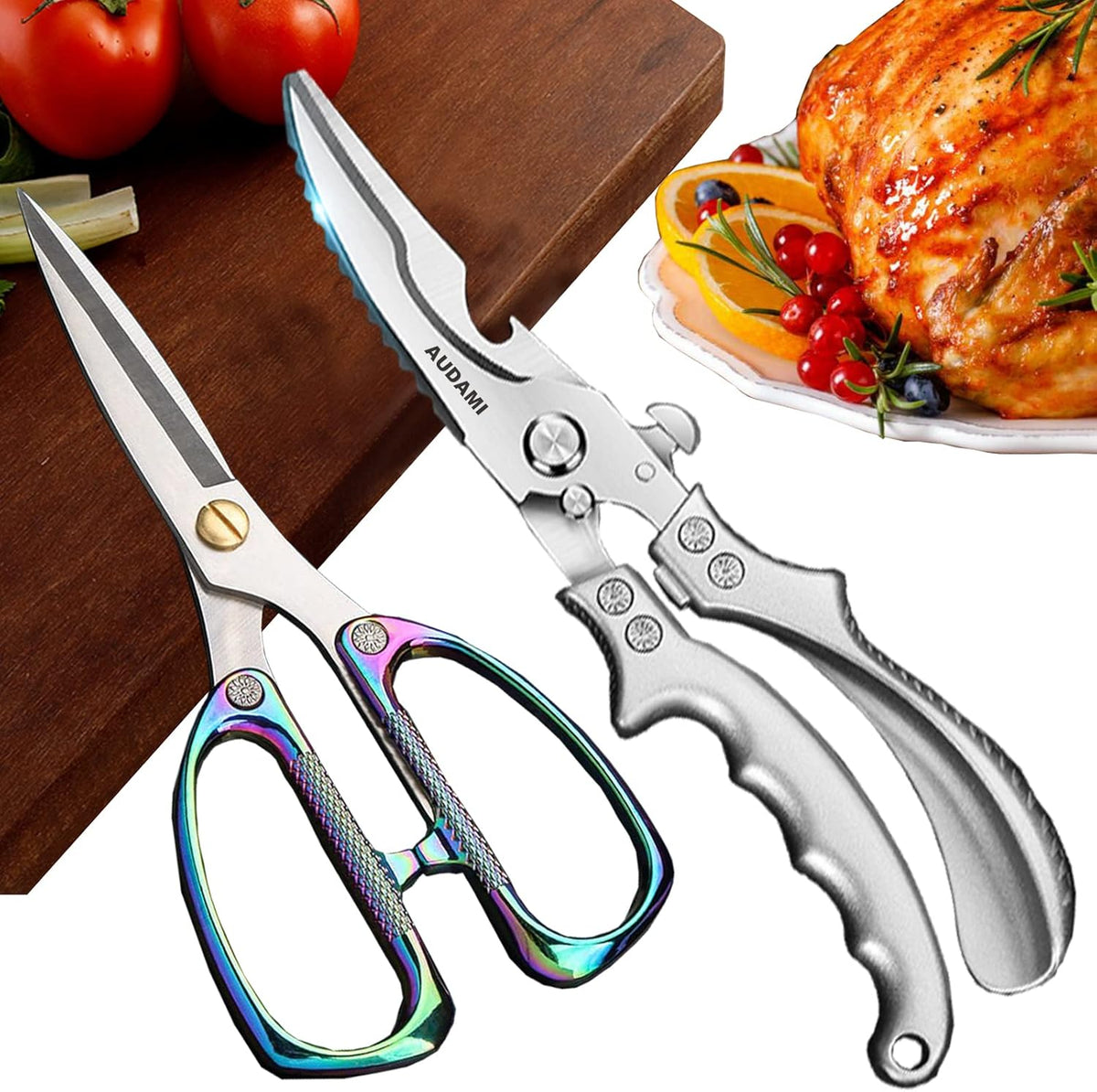 2-Piece Kitchen Shears Set, Heavy Duty Professional Poultry Meat Scissors,Multi-Purpose Stainless Steel, Dishwasher Safe