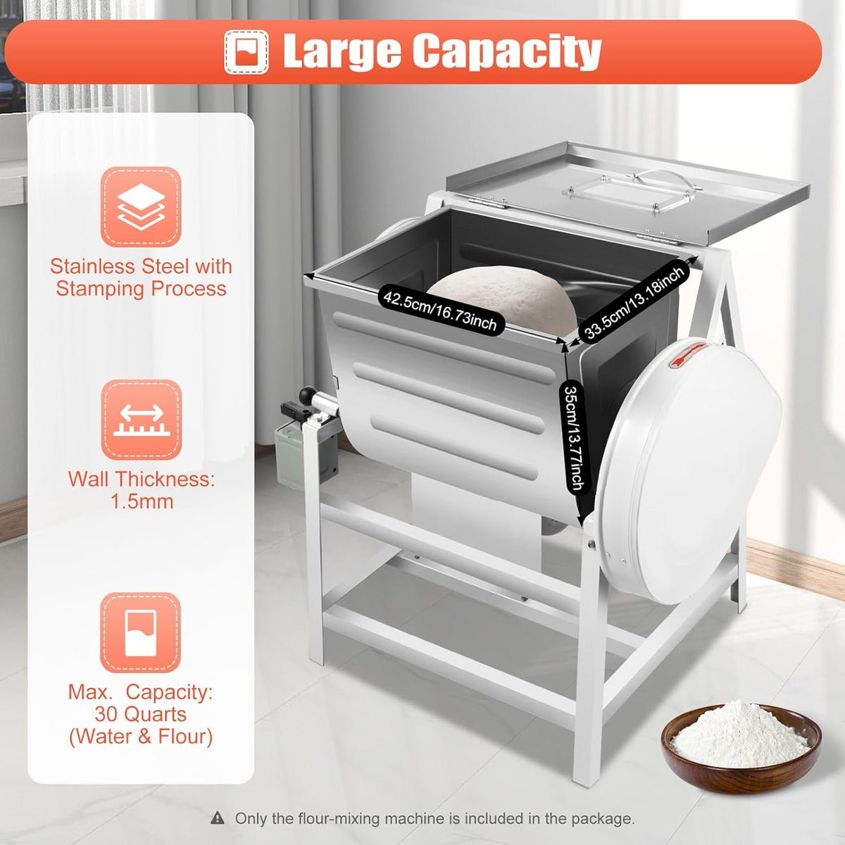 Commercial Dough Mixer Electric, 30Qt 1500W 201 Stainless Steel Large Dough Maker Machine, Heavy Duty Flour Mixing Machine, Bread Mixer for Restaurant School Bakery