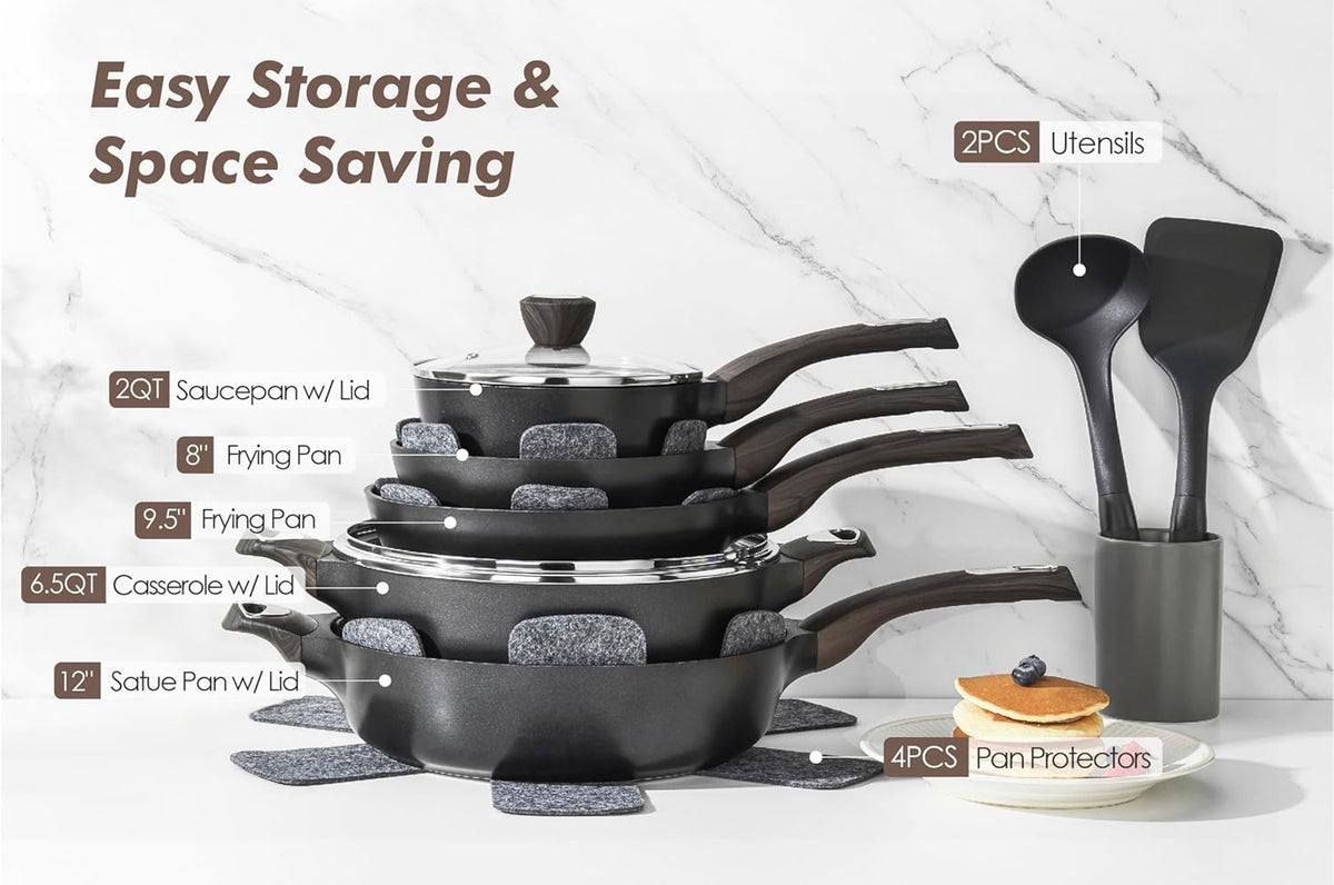 SENSARTE Pots and Pans Set Non stick, Non toxic Healthy Induction Cookware Sets, 14 Pcs Non Stick Kitchen Cooking Set with Frying Pans Set & Saucepan, PFOA PFOS APEO Free, Black